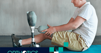 An amputee wearing prosthetics doing home exercise